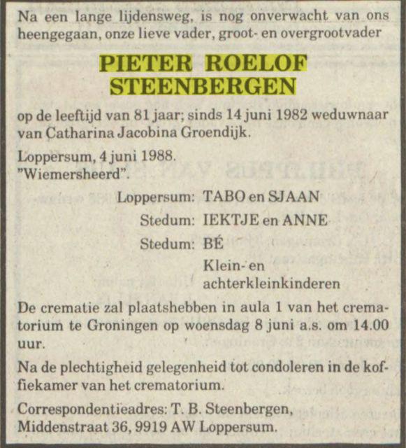 overlijdensadvertentie pieter roelof steenbergen on 4 Jun 1988.